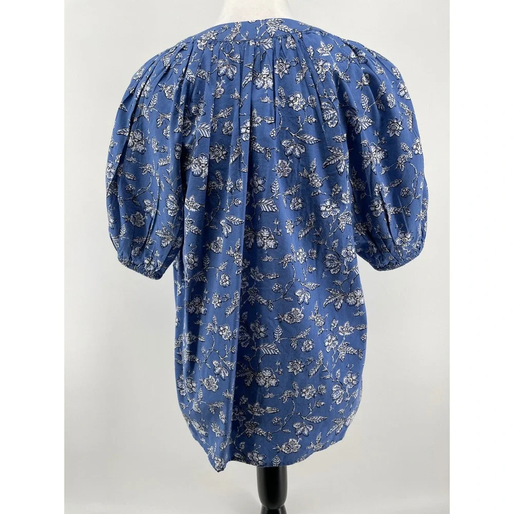 LOFT Floral Top Womens Small Blue Cottage Country Western Boho Puff Sleeve NEW